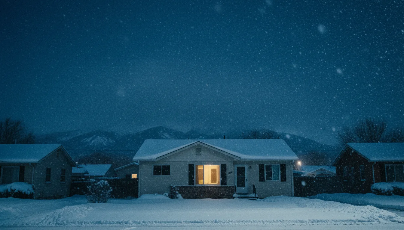 A Denver house on a snowy night with one warm window